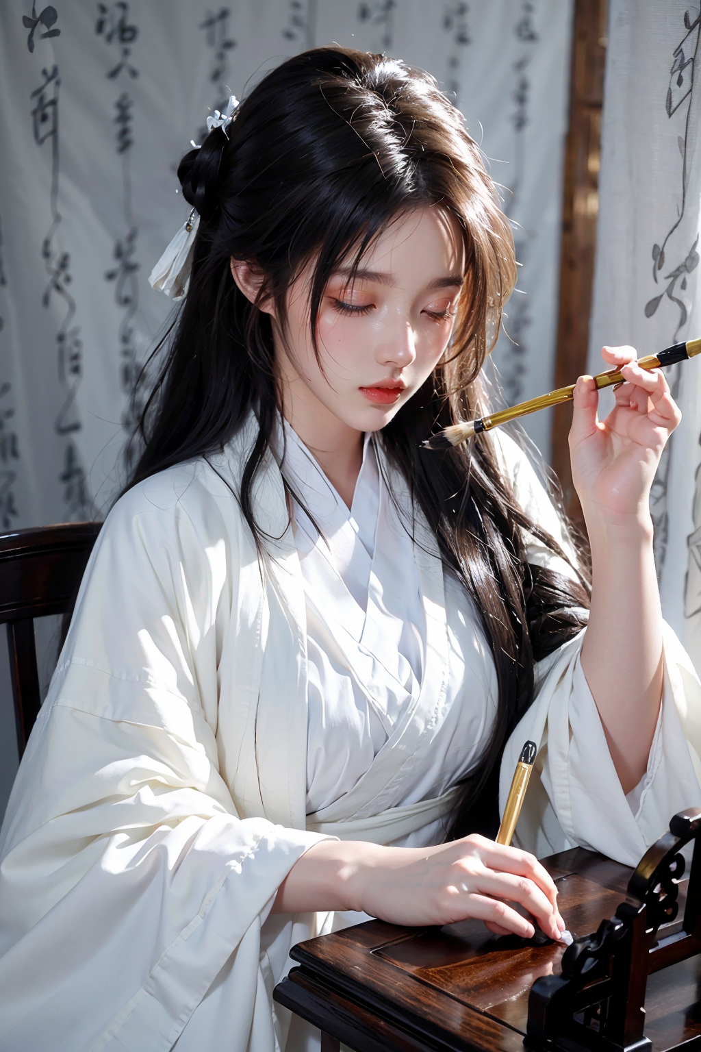 04171-1989444451-_lora_Calligraphy-000001_0.8_,_lora_GoodHands-beta2_1_,Calligraphy background,1girl,long hair,black hair,solo,candle,scroll,curs.png